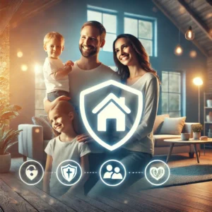 Einladendes Bild einer glücklichen Familie in einem sicheren Zuhause, das Schutz und Geborgenheit symbolisiert. Icons wie ein Schild und ein Haus im Hintergrund verdeutlichen die Bedeutung von Versicherungen für Privatkunden.